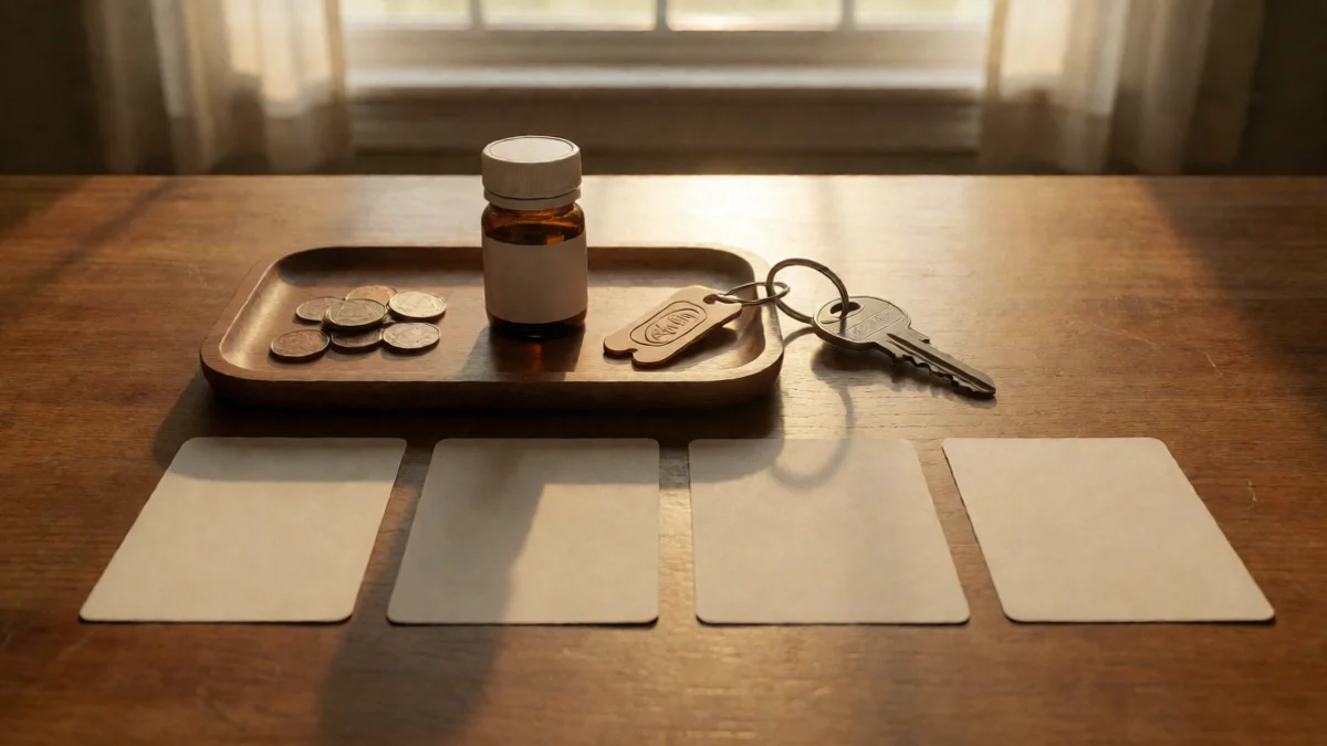 A small wooden tray holds four practical emergency items—a few coins, a medicine bottle, a grocery token