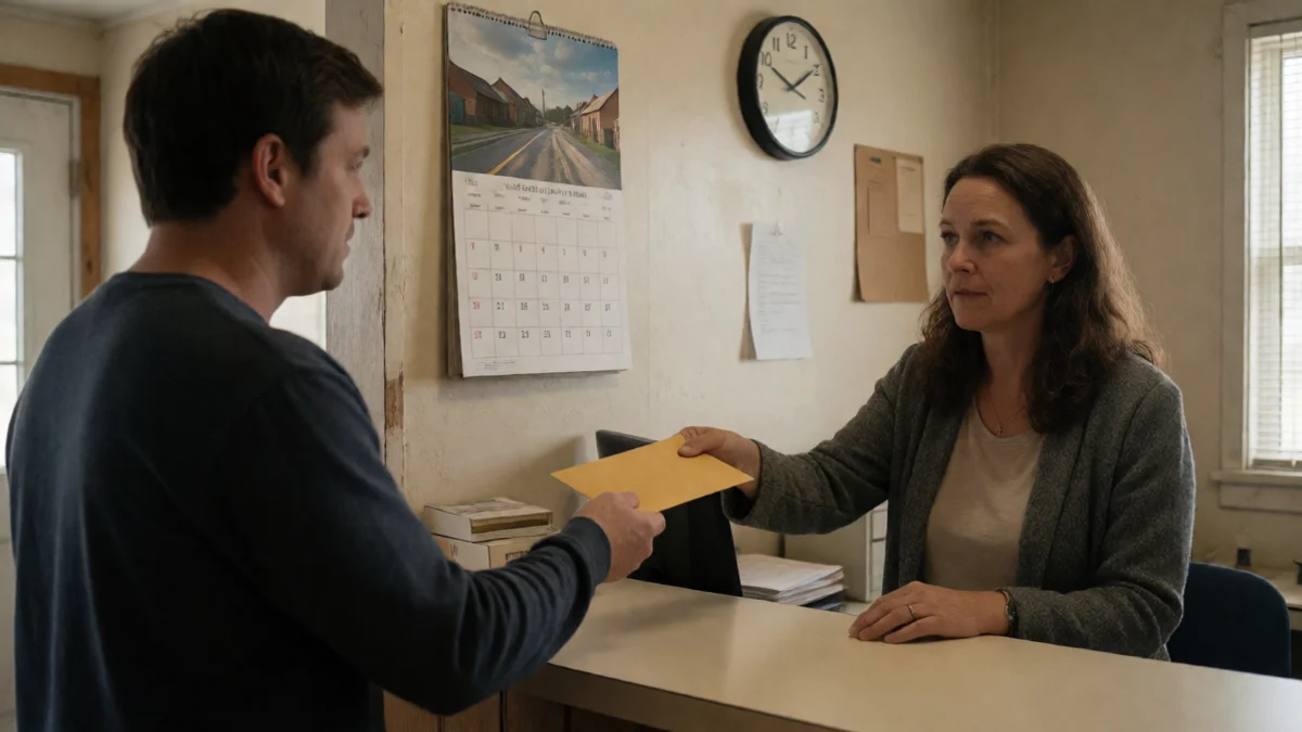 A borrower receives a sealed plain envelope across the counter from a community financial counselor in a modest Kansas office