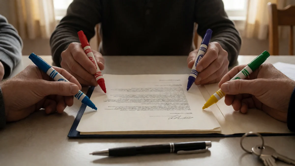 Hands arrange four differently colored wooden markers around a closed contract folder