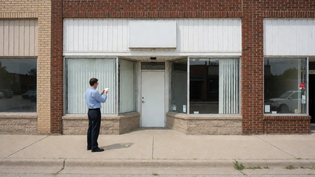 A field inspector photographs a plain storefront doorway from the sidewalk while checking a small blank checklist card