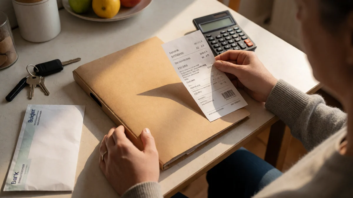 An adult places a payment receipt beside a closed household budget folder on a kitchen table, calmly confirming a payday-loan due date at home