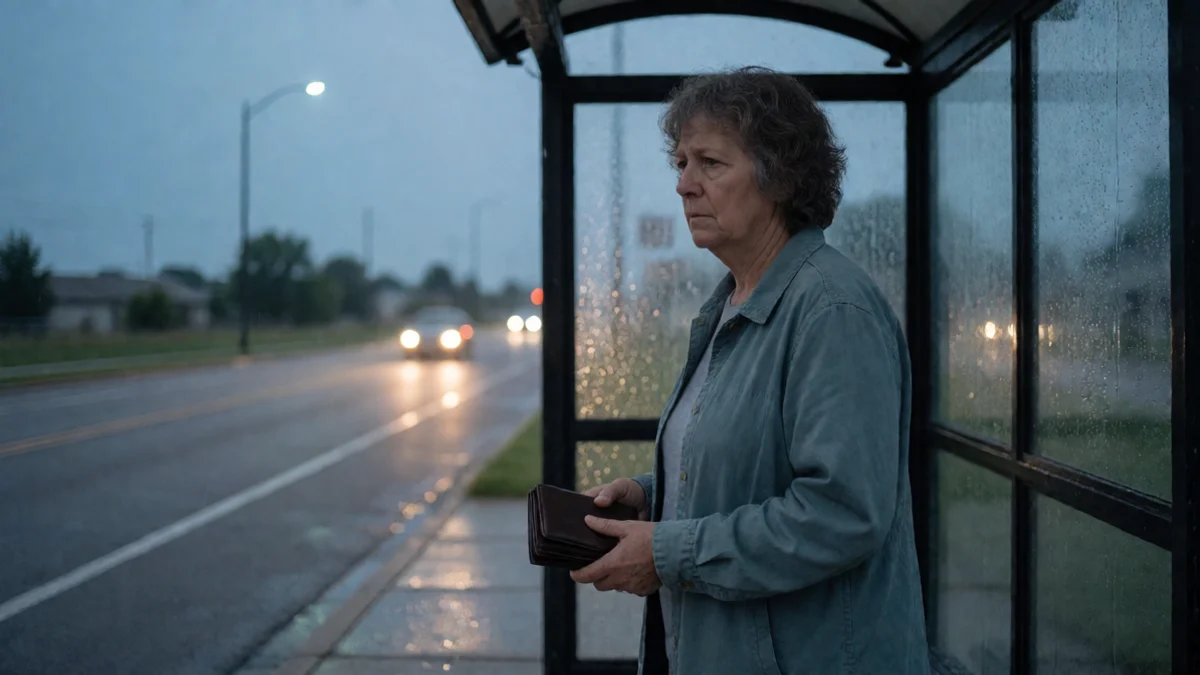 A concerned Kansas adult stands in profile beside a rainy bus-stop shelter