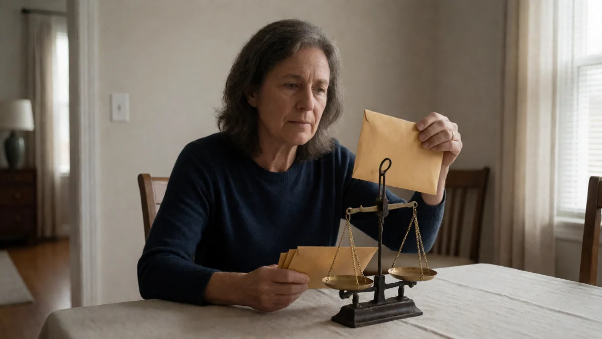A middle-aged Kansas adult weighs three unmarked envelopes against a small brass balance scale on a dining table