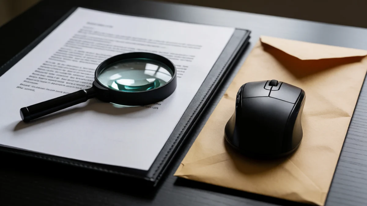 A magnifying glass rests over a closed document folder beside a disconnected computer mouse and a sealed envelope
