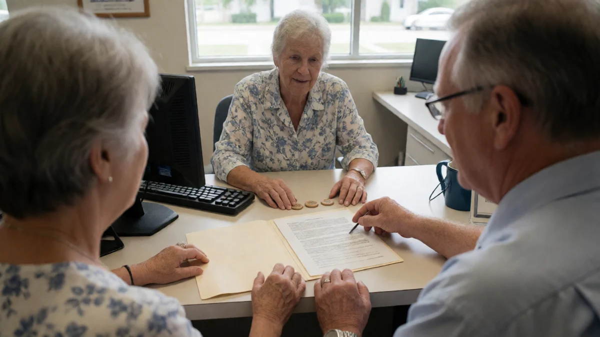A Kansas adult discusses a manageable repayment option with a credit-union adviser across a simple service counter