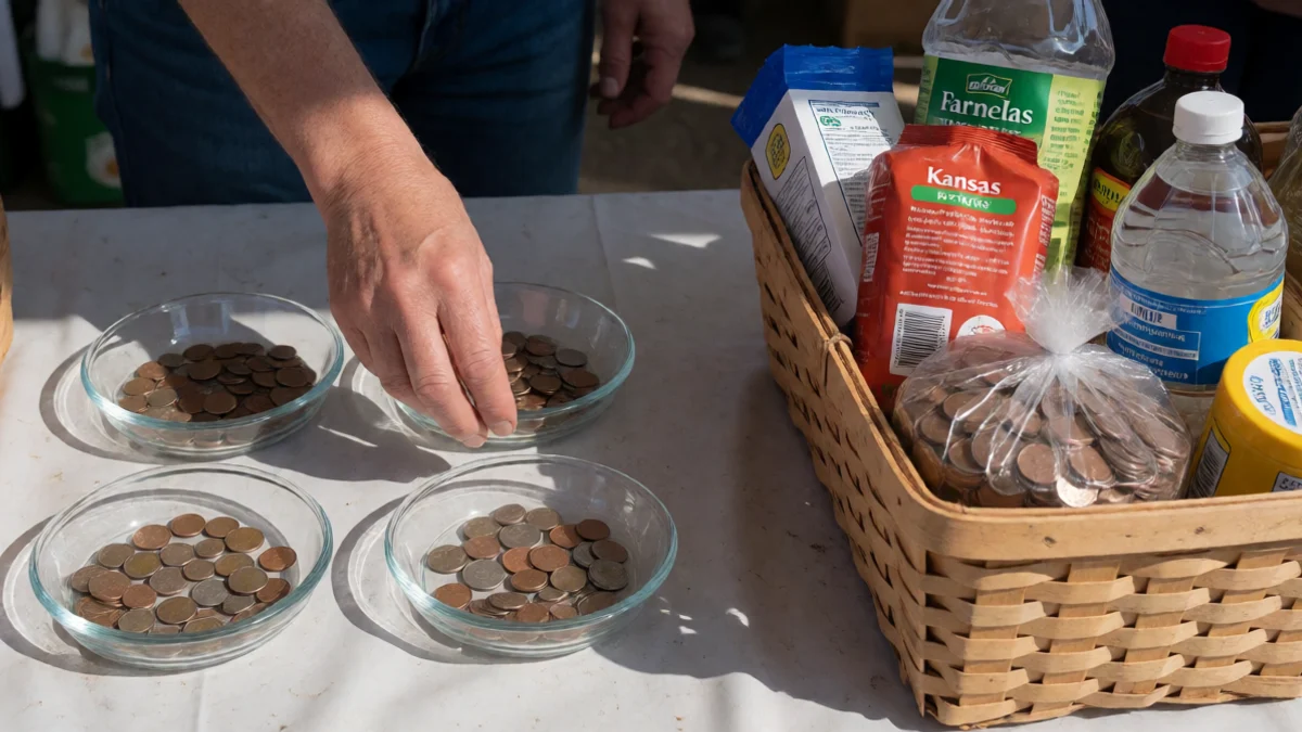 A shopper at a Kansas farmers market separates coins into three clear glass dishes beside a basket of essential groceries