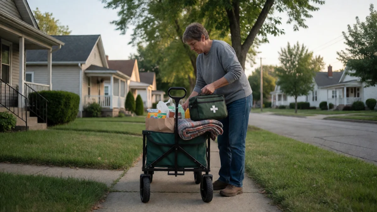 A middle-aged Kansas adult loads groceries, a medicine bag, and a folded utility blanket into a sturdy wagon on a quiet residential sidewalk