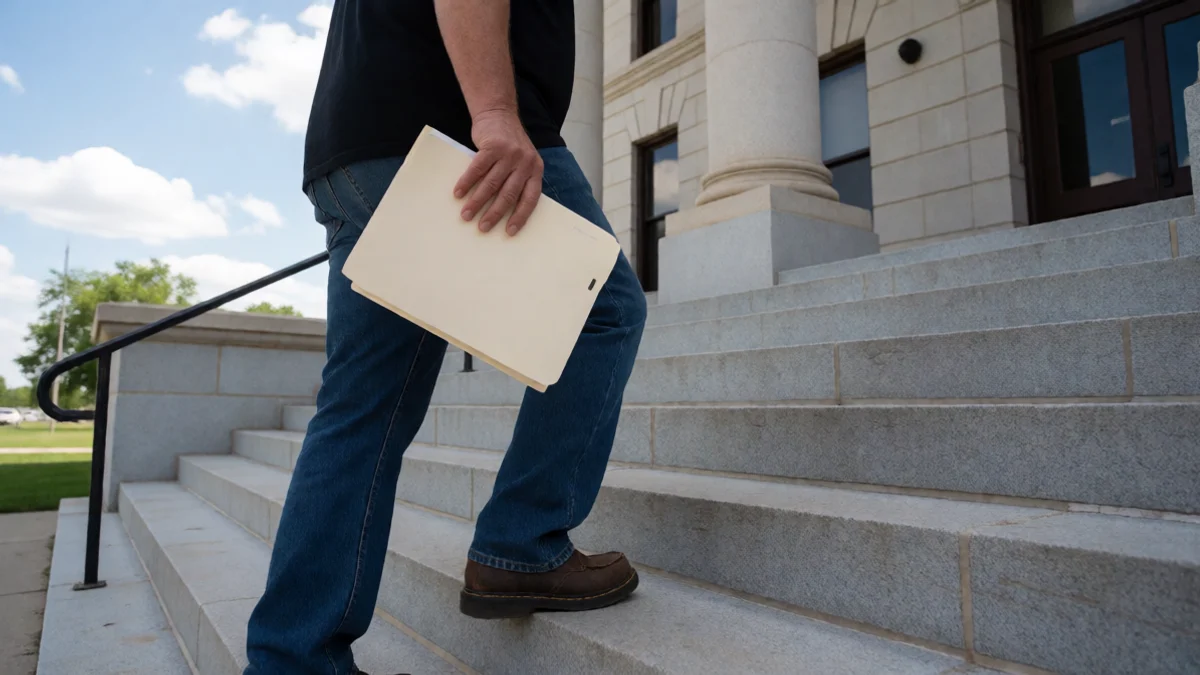 A person climbs the broad stone steps of a recognizable Kansas county courthouse carrying a plain folder held closed at their side