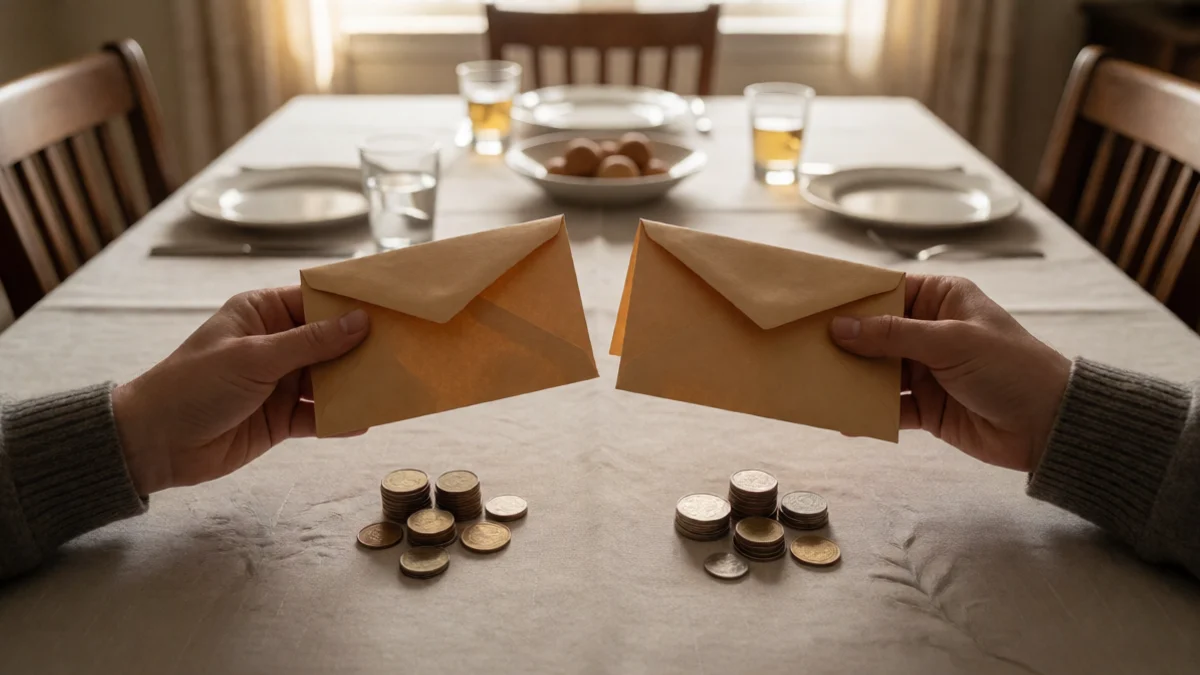 Two hands separate one sealed envelope from another on a tidy dining-room table