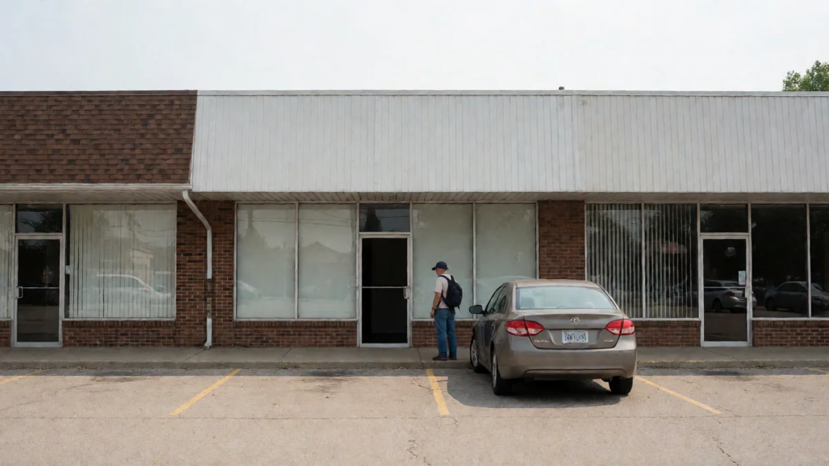A traveler pauses beside a parked car outside an unmarked suburban storefront in Derby, Kansas