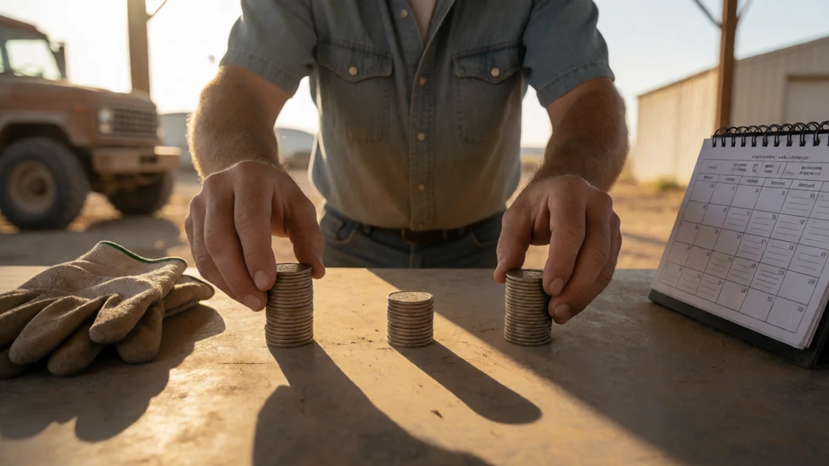 A shift worker compares three possible paycheck amounts using separate stacks of plain tokens at a Dodge City, Kansas, agricultural worksite