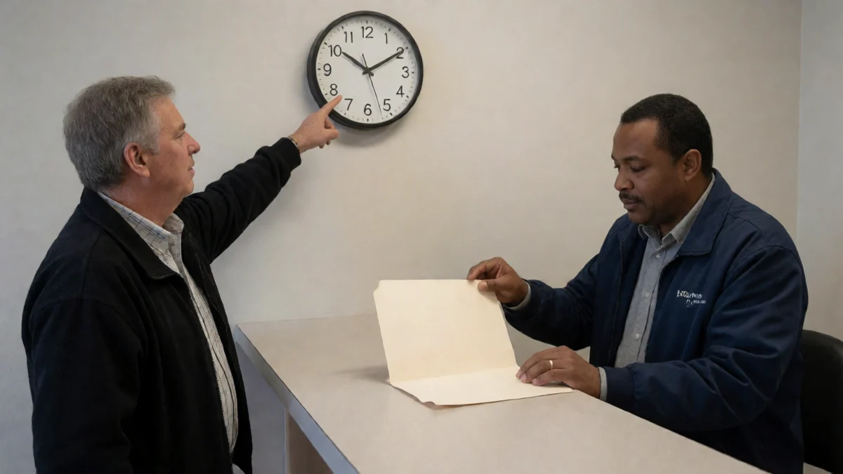 An Emporia resident points toward an analog wall clock while a utility clerk prepares a direct-payment arrangement at a service counter