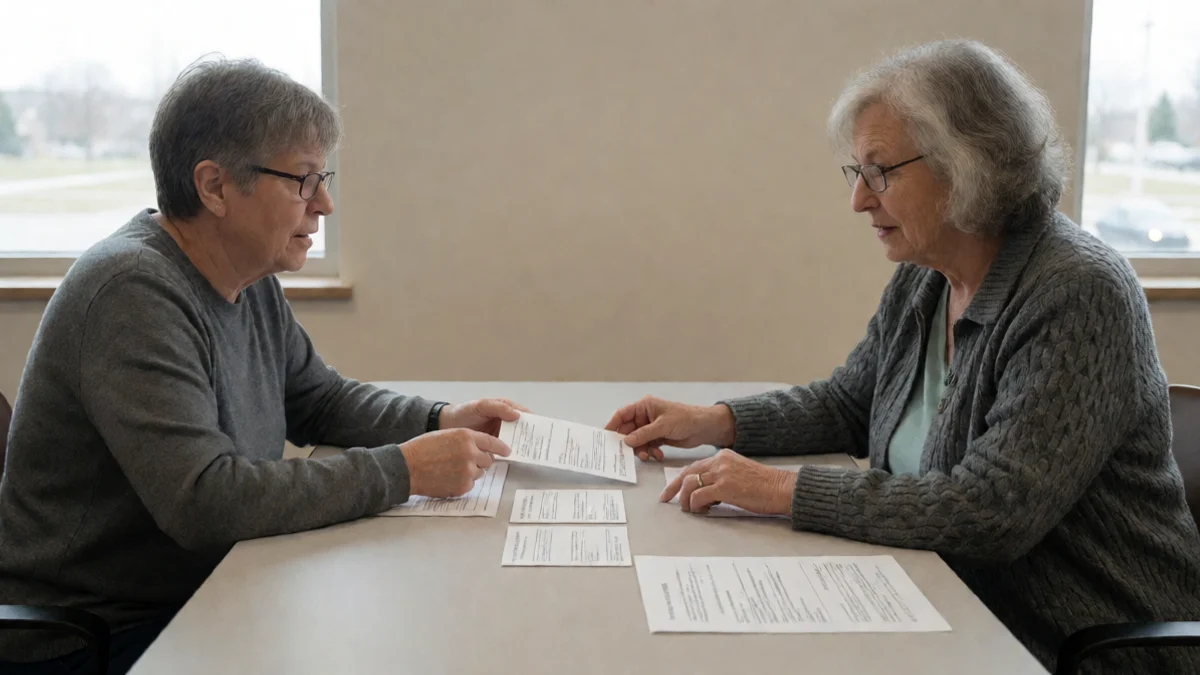 Two adults conduct a careful bilingual financial conversation at a Garden City, Kansas, community assistance table
