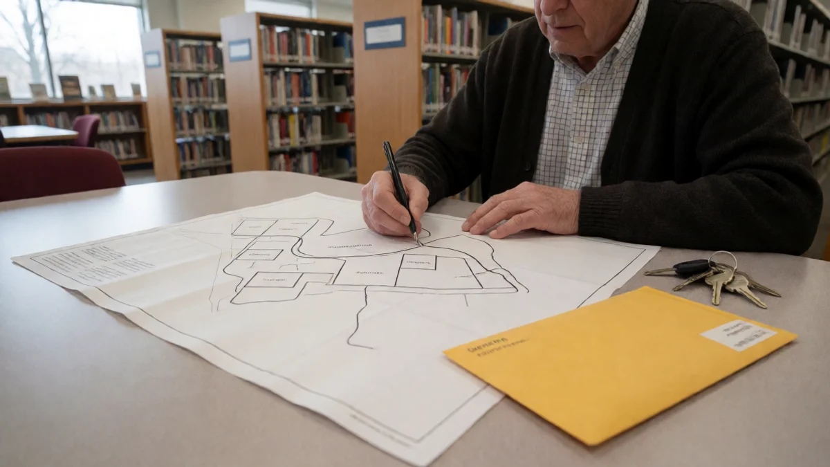 A Gardner resident traces an unmarked route on a plain paper map beside house keys and a sealed offer envelope at a public library table