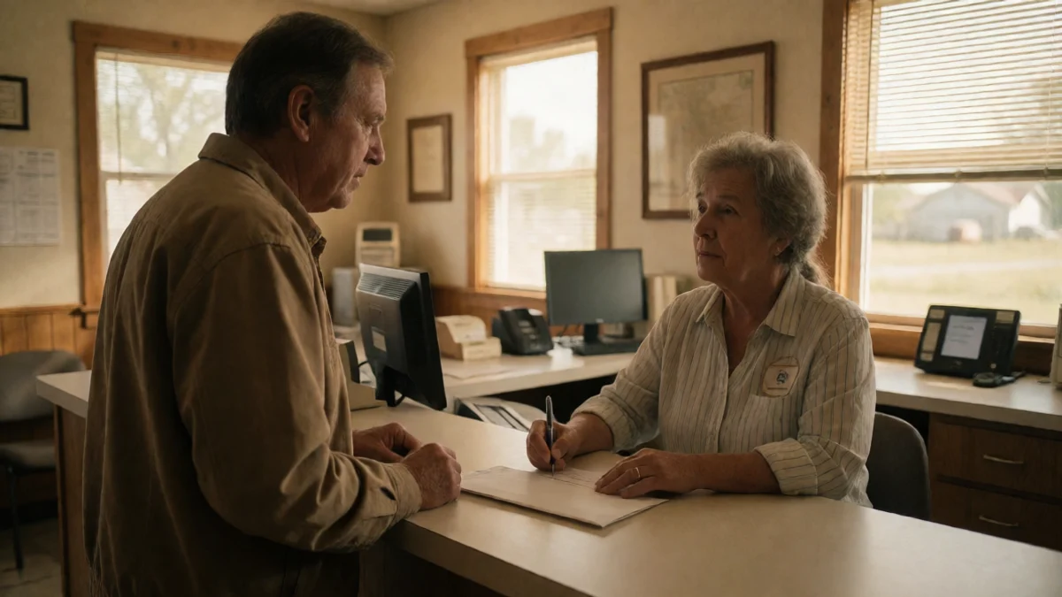 A Great Bend resident asks a utility clerk for a split-payment arrangement, standing at a modest service counter with a blank bill envelope and a pen