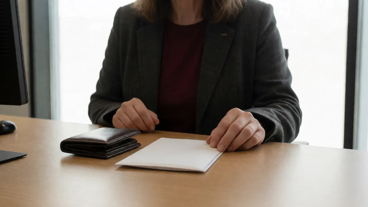 A Hutchinson borrower tests a repayment plan by placing a sealed envelope beside a wallet and checking the time before leaving a bank lobby
