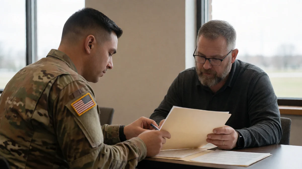 A service member reviews a sealed loan folder with a civilian financial counselor
