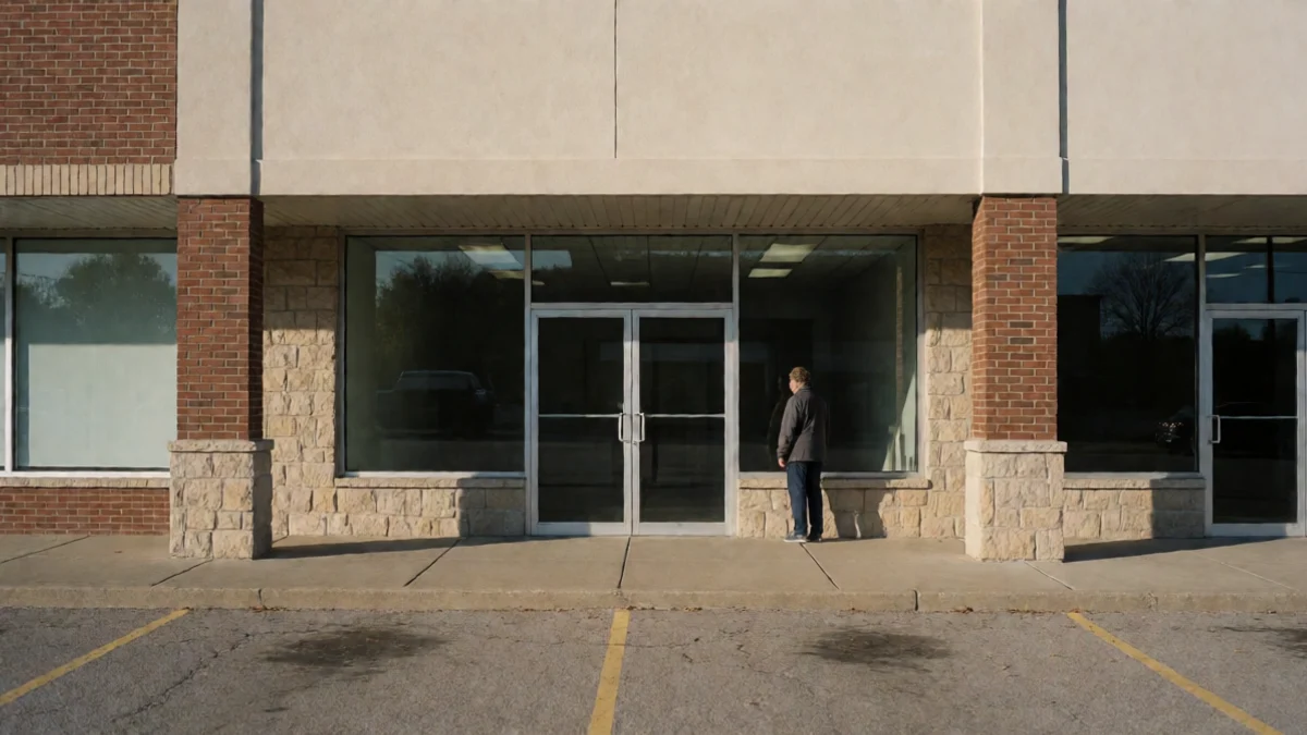 A person pauses outside an unmarked commercial storefront in Leawood, Kansas