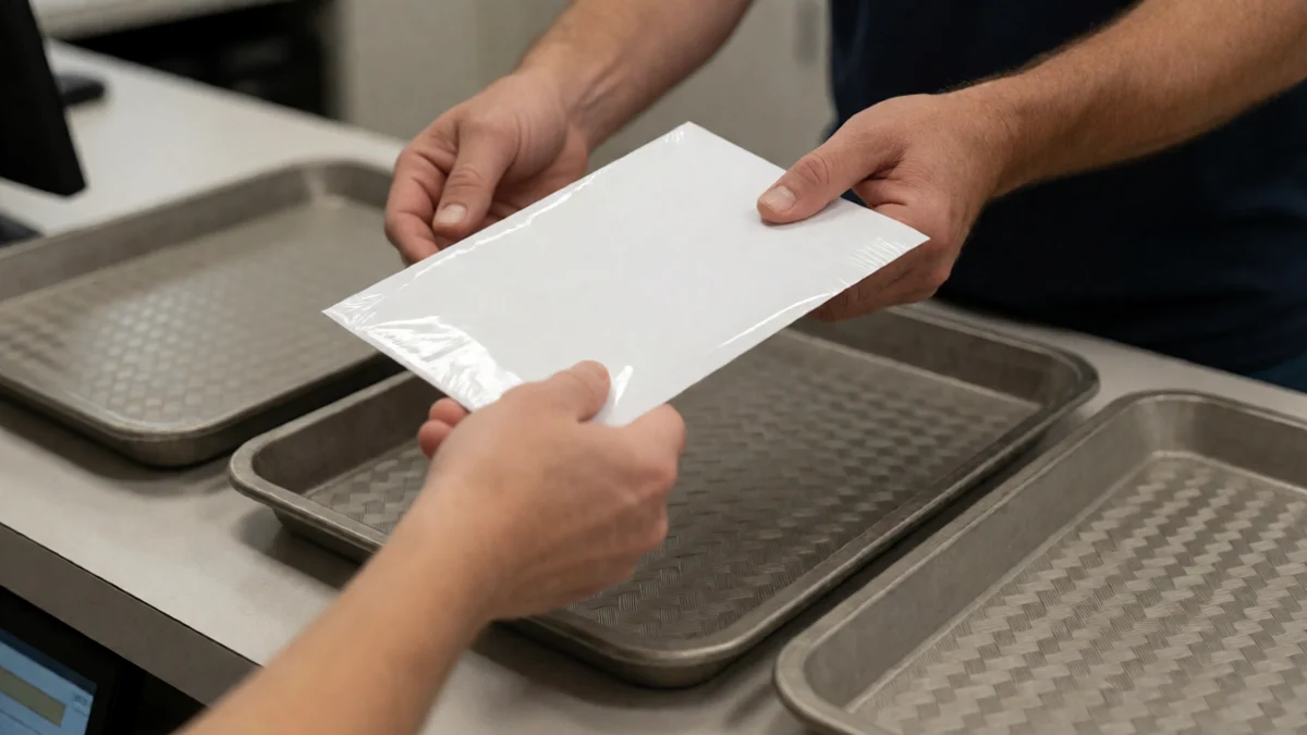 A sealed envelope is passed from a roadside service counter to a second receiving tray in a Lenexa, Kansas office setting