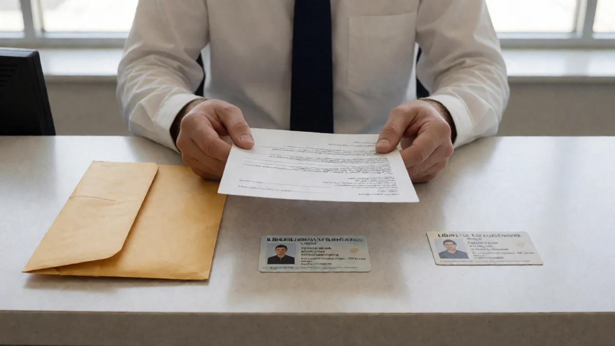 A cautious borrower verifies a document request at a Liberal, Kansas, civic office reception desk, comparing a sealed envelope
