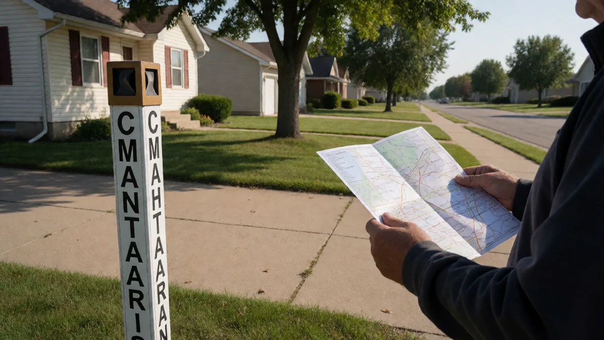 A county survey marker stands beside a residential driveway in Manhattan, Kansas