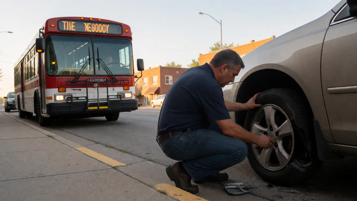 A mechanic examines a damaged car wheel beside a parked vehicle in Newton, Kansas, while a bus waits along the street in the background