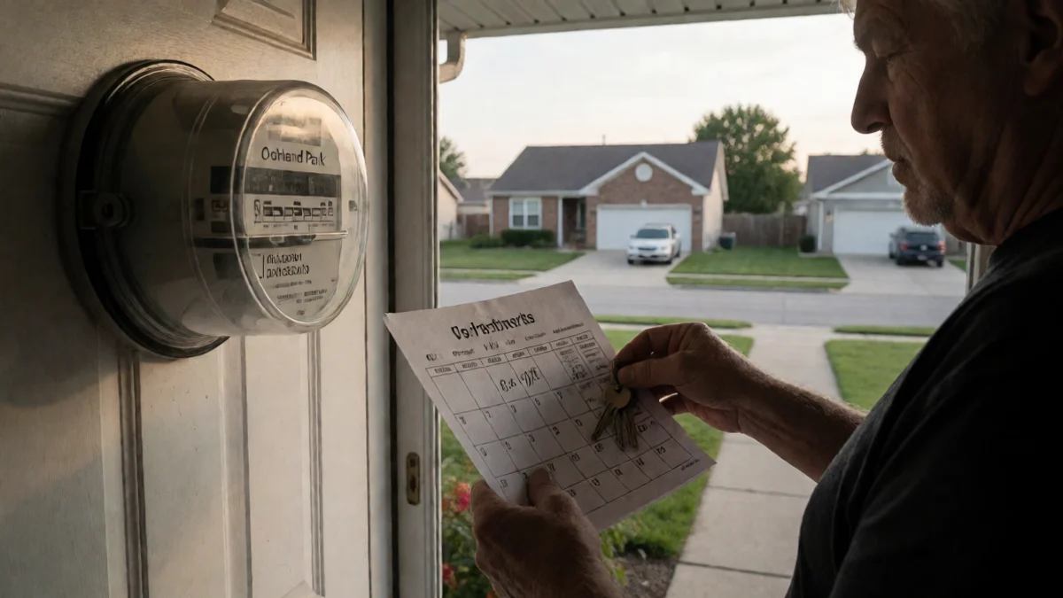 A resident compares a utility meter reading with a marked payment calendar beside house keys