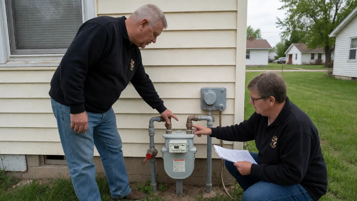 A homeowner points to a shutoff valve beside an exterior utility meter while a second person checks the household budget, outside a modest Pittsburg