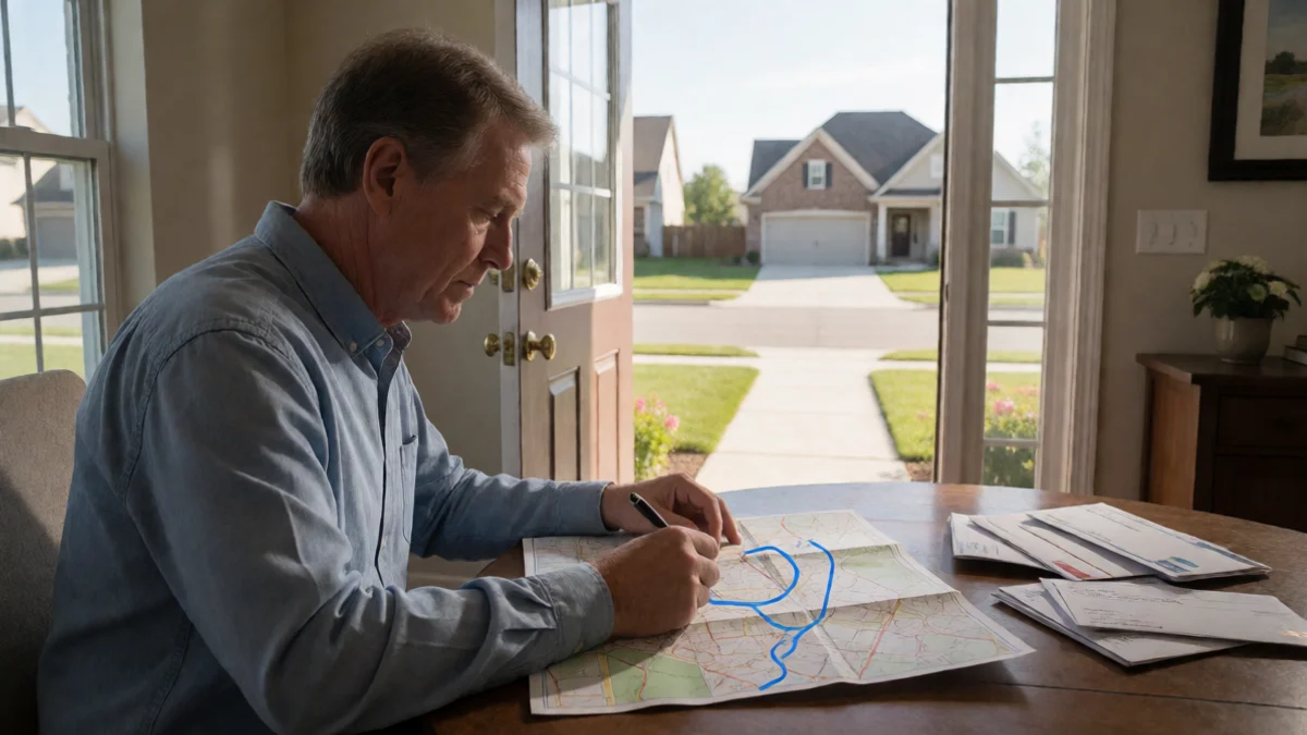 A homeowner traces the route from a Prairie Village residence to a nearby assistance office on a folded, non-readable neighborhood map