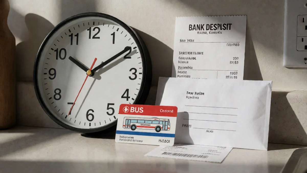 A wall clock, bus pass, and sealed payment envelope are arranged beside a bank deposit receipt with no visible writing