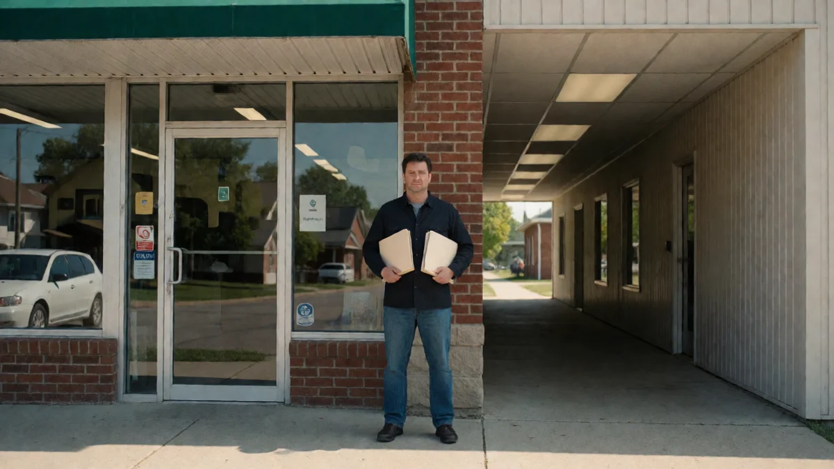 A borrower stands between a neighborhood storefront entrance and a distant office corridor