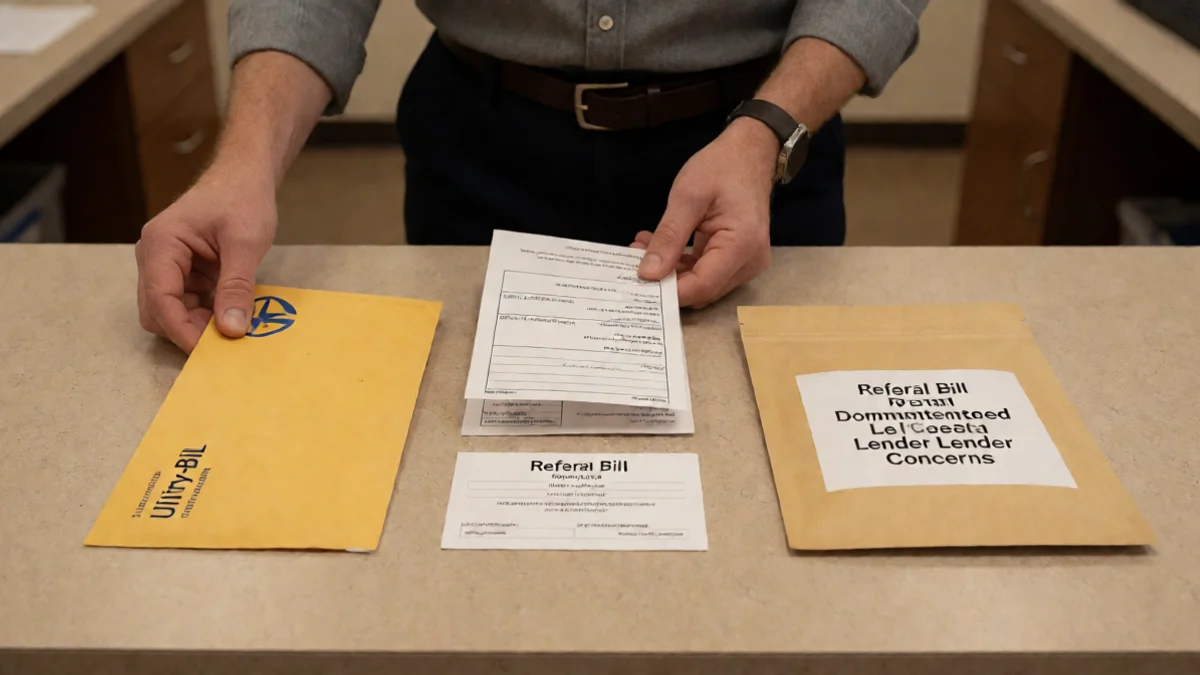 A community resource coordinator sorts a utility-bill envelope, referral card, and sealed evidence pouch across a help-desk counter in Topeka, Kansas