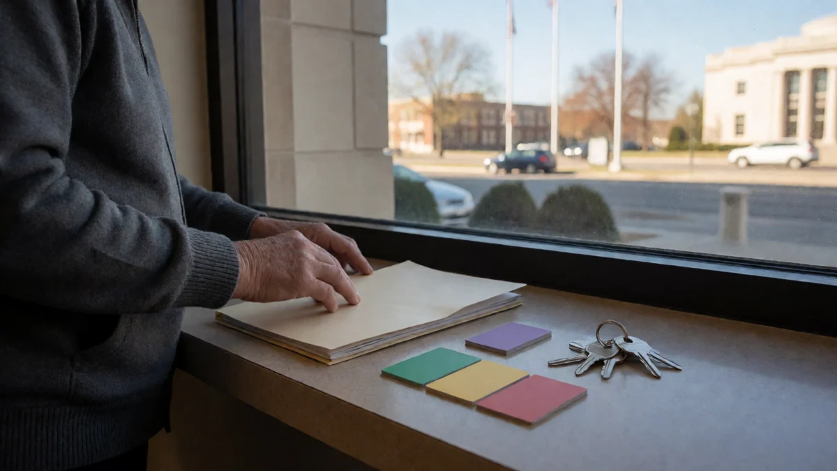 An adult renter organizes a deadline plan beside a courthouse information counter in Wichita, Kansas, with a closed folder, color-coded blank cards