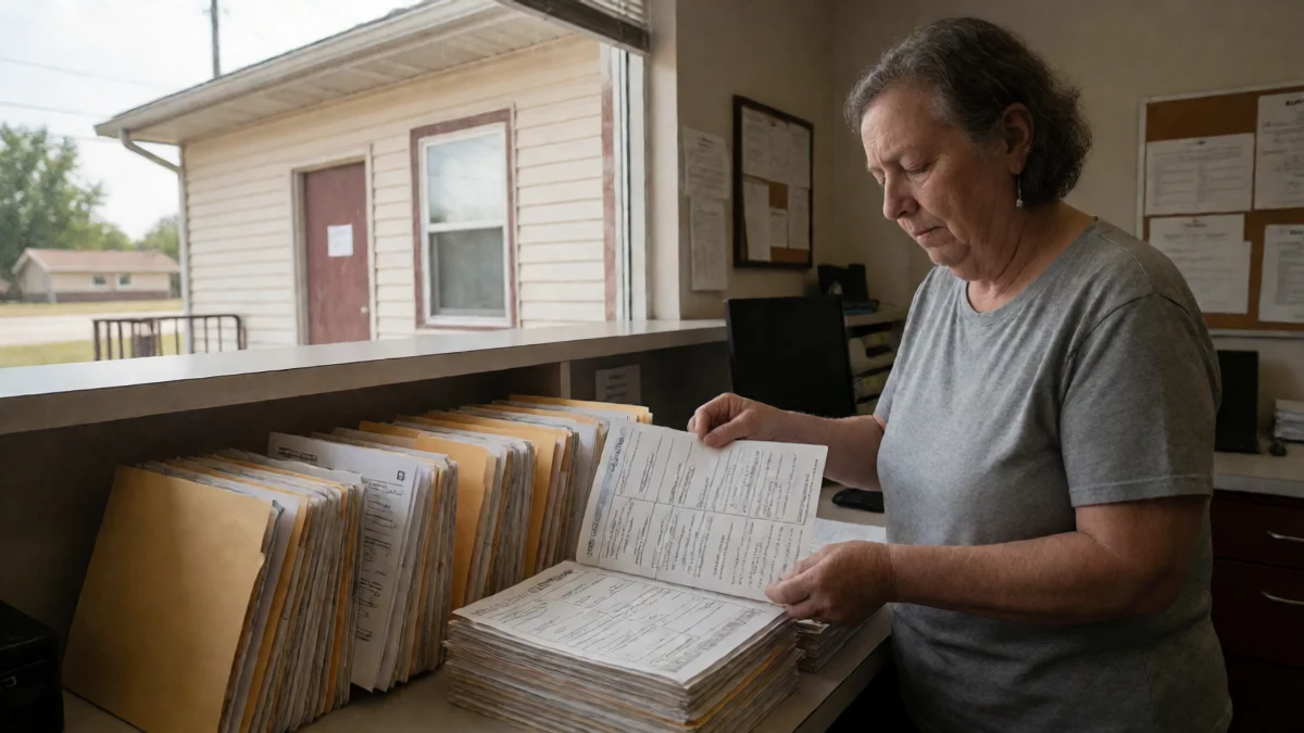 A Kansas resident carefully sorts receipts, a bank statement, and a sealed evidence folder into a neat timeline at a civic records desk